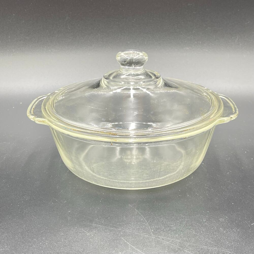 Fire King Glass Casserole Dish 1 Quart Knob Lid Clear Vintage 50's